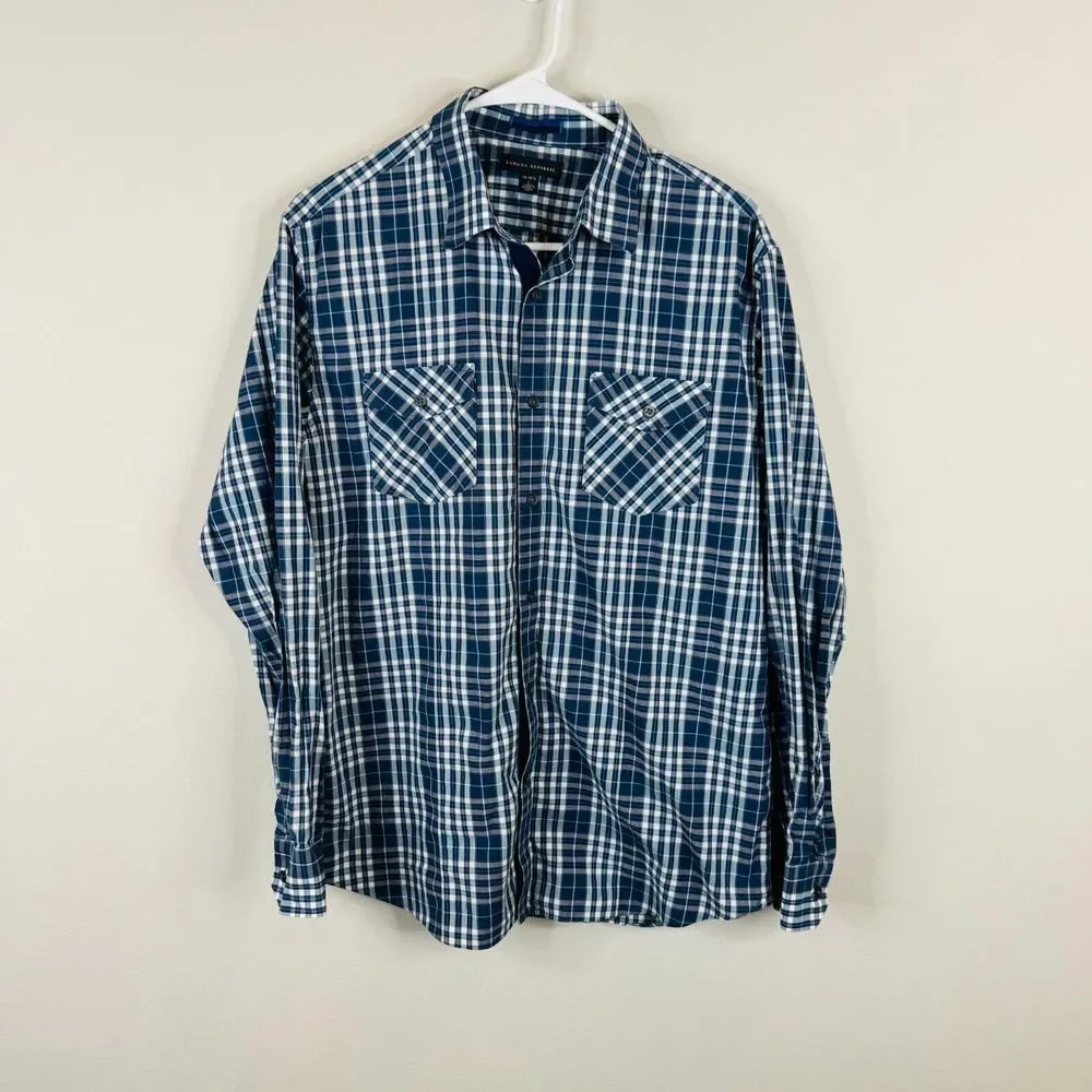 Banana Republic‎ Button Down Shirt Mens Size 16-16.5 Plaid Blue Casual Fall